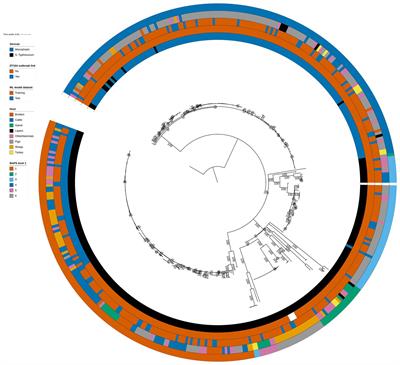 Development and validation of a random forest algorithm for source attribution of animal and human Salmonella Typhimurium and monophasic variants of S. Typhimurium isolates in England and Wales utilising whole genome sequencing data